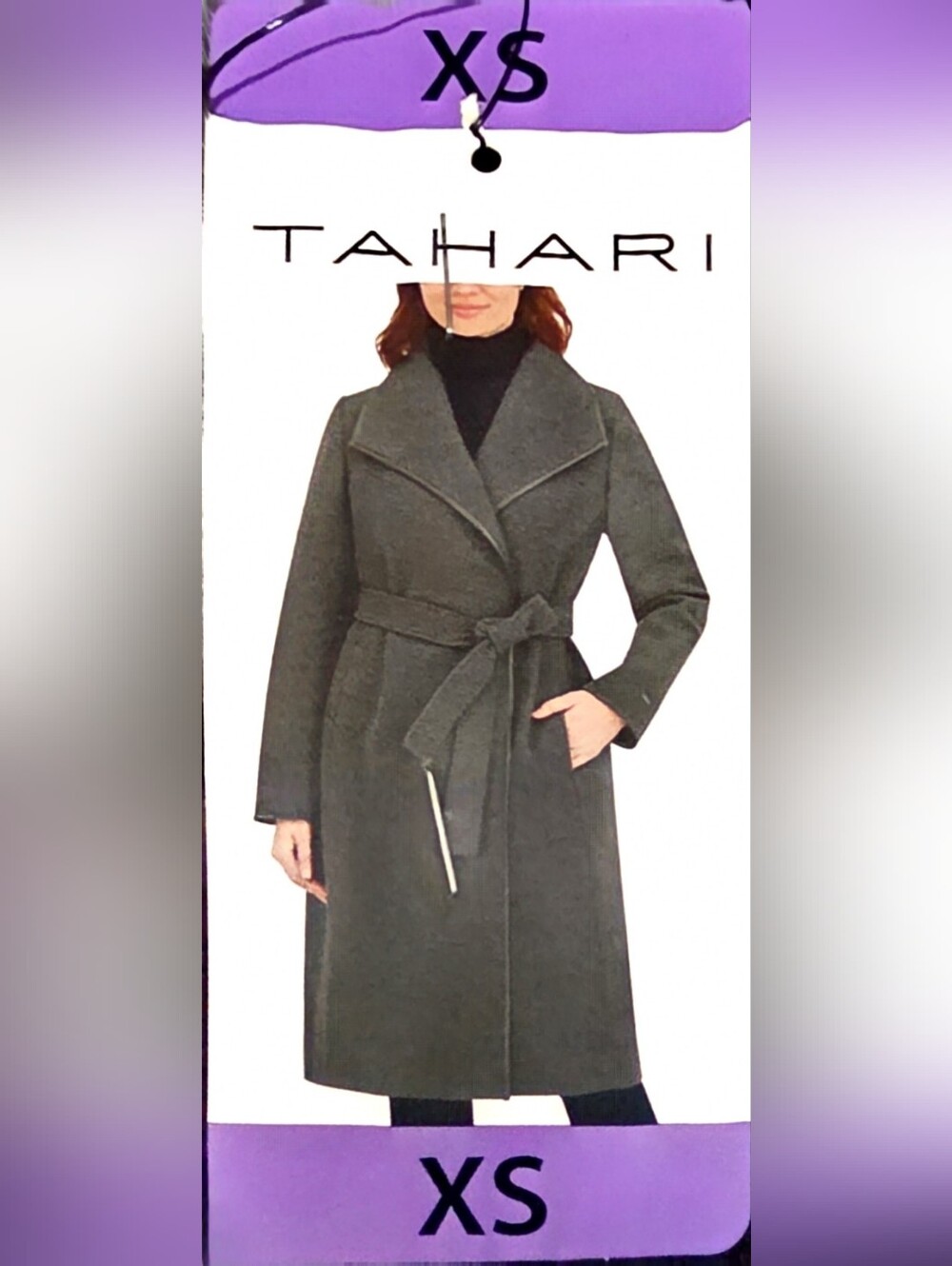 New Tahari Dark Charcoal Wrap Front Belted Trench Coat For Women Size XS - Picture 3 of 4